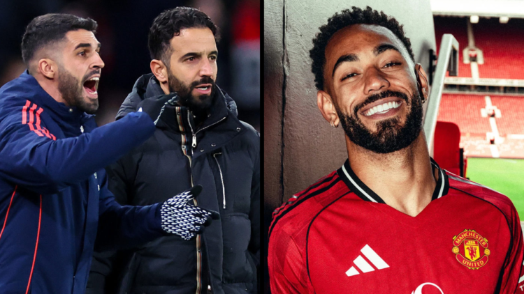 Matheus Cunha of Manchester United poses for a photo after signing his contract with the club at Old Trafford. Insert: Ruben Amorim the head coach ...