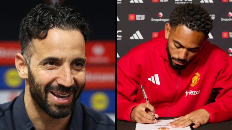 Matheus Cunha of Manchester United signing his contract with the club at Carrington Training Ground. Insert: Ruben Amorim, Manager of Manchester Un...