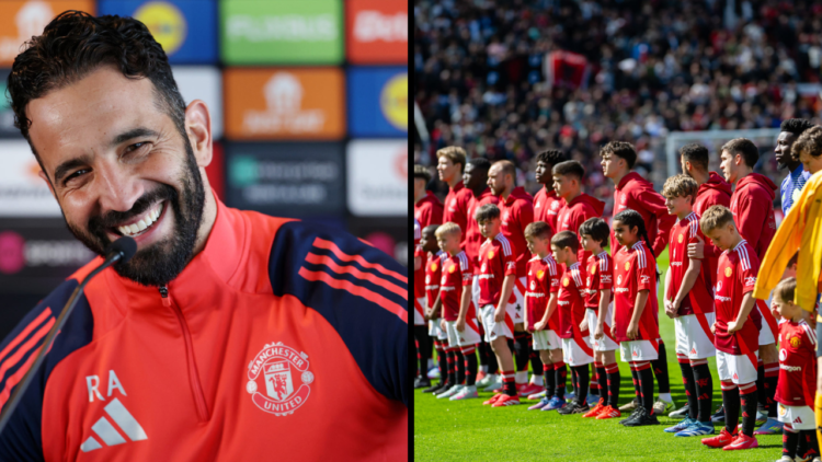 Ruben Amorim, Manager of Manchester United, reacts during a press conference ahead of their UEFA Europa League 2024/25 quarter final second leg mat...