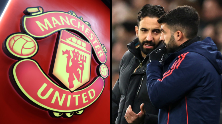 Ruben Amorim Manager / Head Coach of Manchester United speaks with assistant coach Carlos Fernandes during the Carabao Cup Quarter Final match betw...