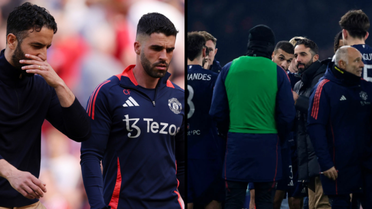 Ruben Amorim manager / head coach of Manchester United with assistant Carlos Fernandes as the walk off at half time of the Premier League match bet...