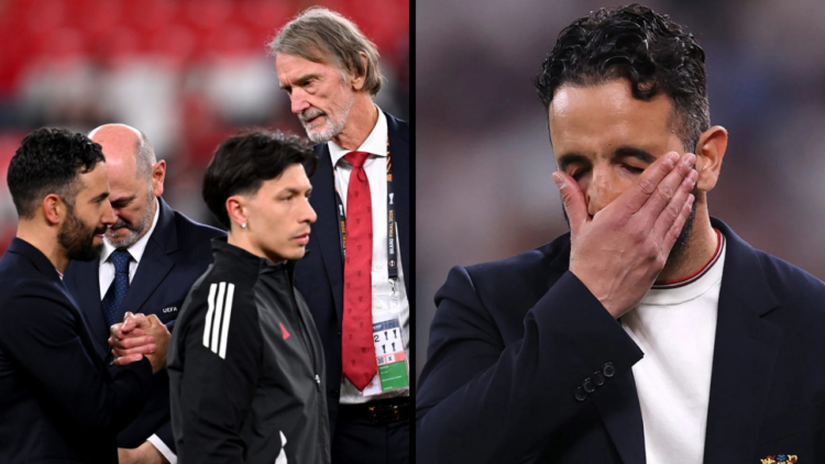 Sir Jim Ratcliffe, co-owner of Manchester United, shakes hands with Ruben Amorim, manager of Manchester United, as he walks to the podium to collec...