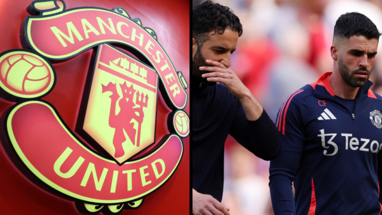 Ruben Amorim manager / head coach of Manchester United with assistant Carlos Fernandes as the walk off at half time of the Premier League match bet...
