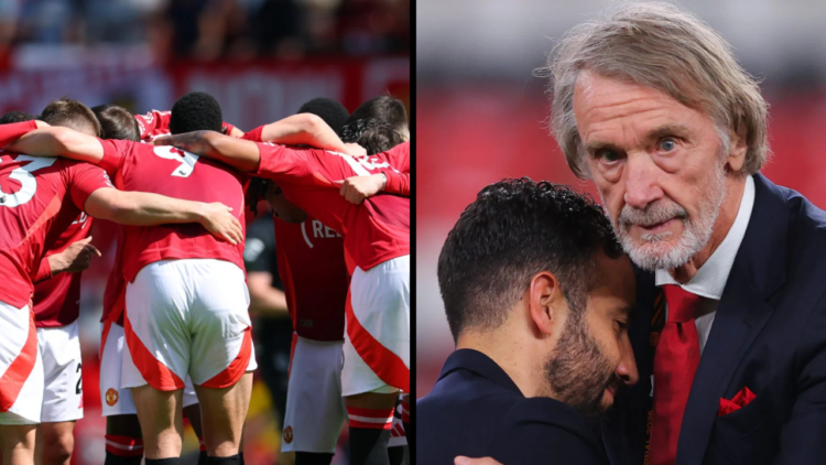 Manchester United players huddle prior to the Premier League match between Manchester United FC and West Ham United FC at Old Trafford. Insert: Sir...
