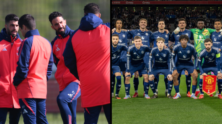 Ruben Amorim, Manager of Manchester United, speaks with his staff during a training session and press conference ahead of their UEFA Europa League ...