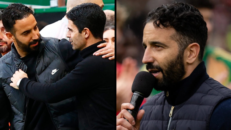 Manchester United Head Coach / Manager Ruben Amorim speaks to the fans at the end of the Premier League match between Manchester United FC and Asto...