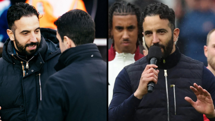 Manchester United's Portuguese head coach Ruben Amorim speaks to supporters after the English Premier League football match between Manchester Unit...