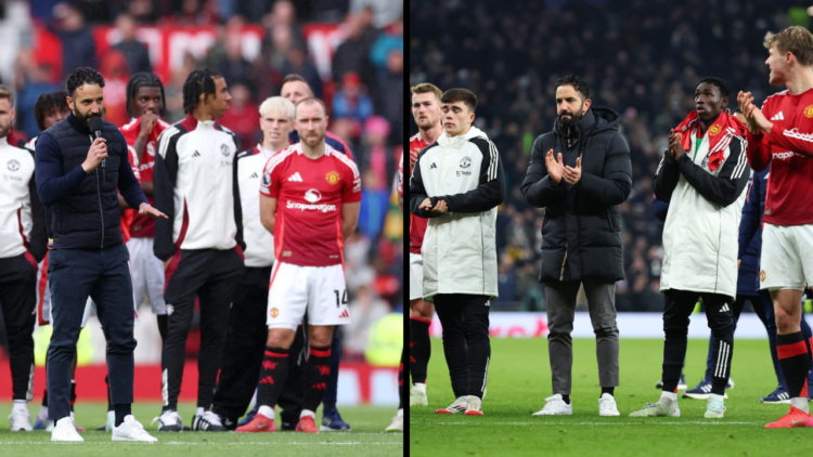 Manchester United head coach / manager Ruben Amorim stands dejected among his players after the Premier League match between Tottenham Hotspur FC a...