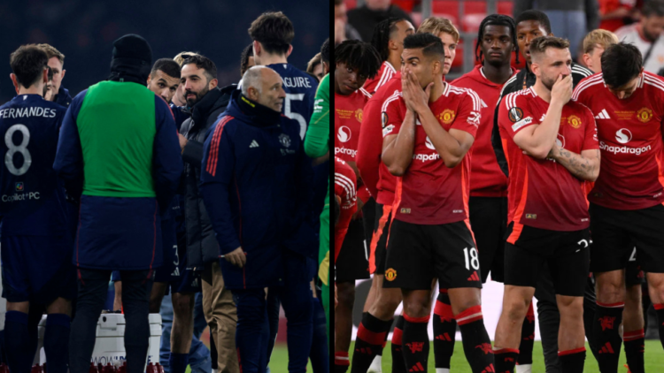 Manchester United players react to being defeated after the UEFA Europa League final football match between Tottenham Hotspur and Manchester United...