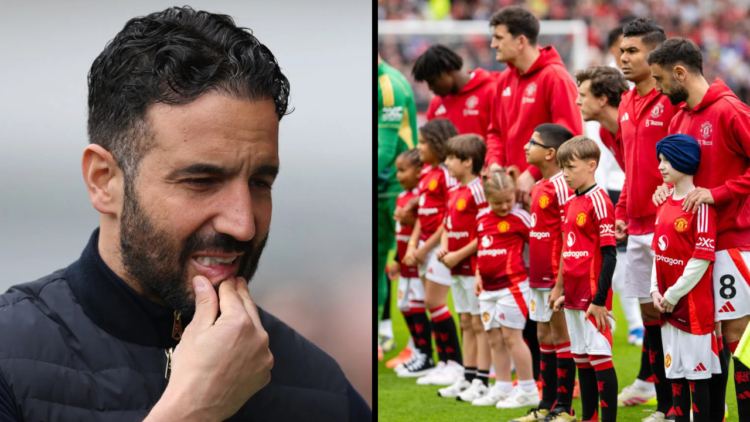 Bruno Fernandes of Manchester United lines up with his team-mates & mascots prior to the Premier League match between Manchester United FC and ...
