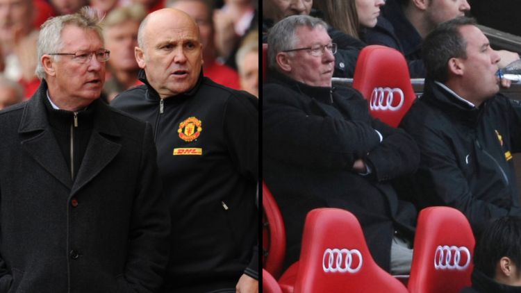 Jonjo Shelvey of Liverpool screams abuse at Sir Alex Ferguson the head coach / manager of Manchester United after being sent off. Insert: Manager S...