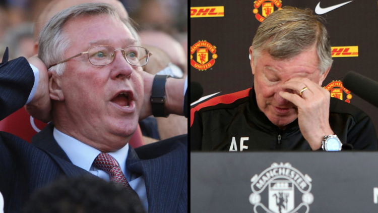 Sir Alex Ferguson of Manchester United watches from the dugout during the FA Barclays Premier League match between Manchester United and Manchester...