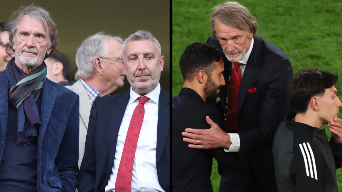 Ruben Amorim, Manager of Manchester United, embraces Sir Jim Ratcliffe, Co-owner of Manchester United following the UEFA Europa League Final 2025 b...