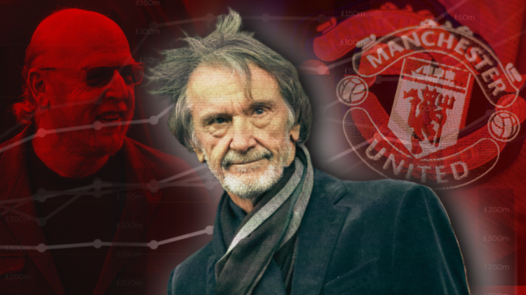 Illustration image of Sir Jim Ratcliffe, flanked by Avram Glazer and the Manchester United badge