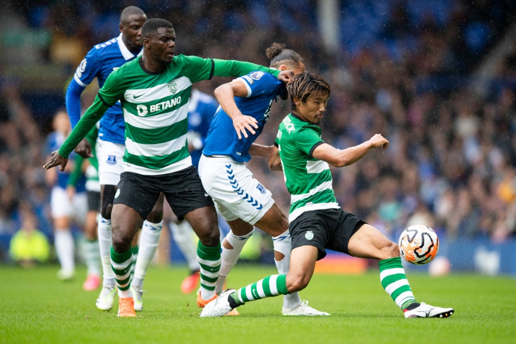 Hidemasa Morita of Sporting CP is put under pressure from Dominic Calvert-Lewin of Everton