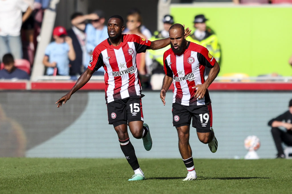 Bryan Mbeumo and Frank Onyeka celebrate together for Brentford.