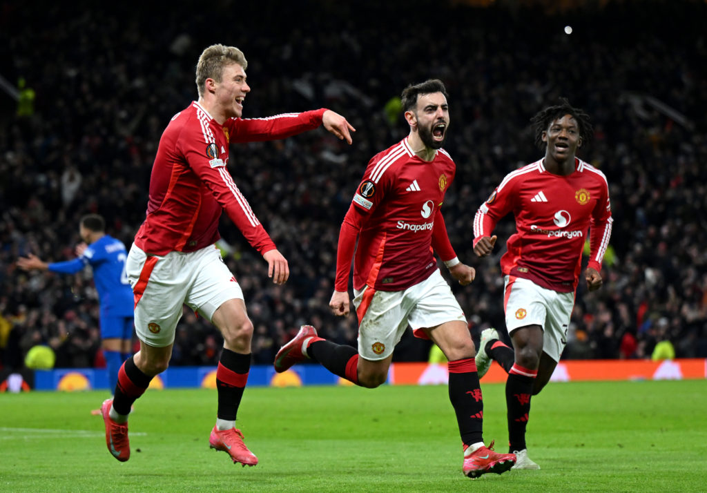 Bruno Fernandes celebrating late winner for Man Utd vs Ranger in Europa League 2024/25