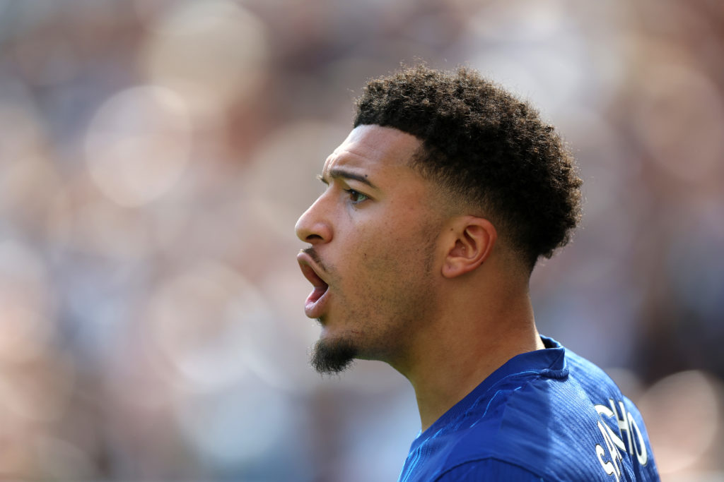 Jadon Sancho shouting while playing for Chelsea.