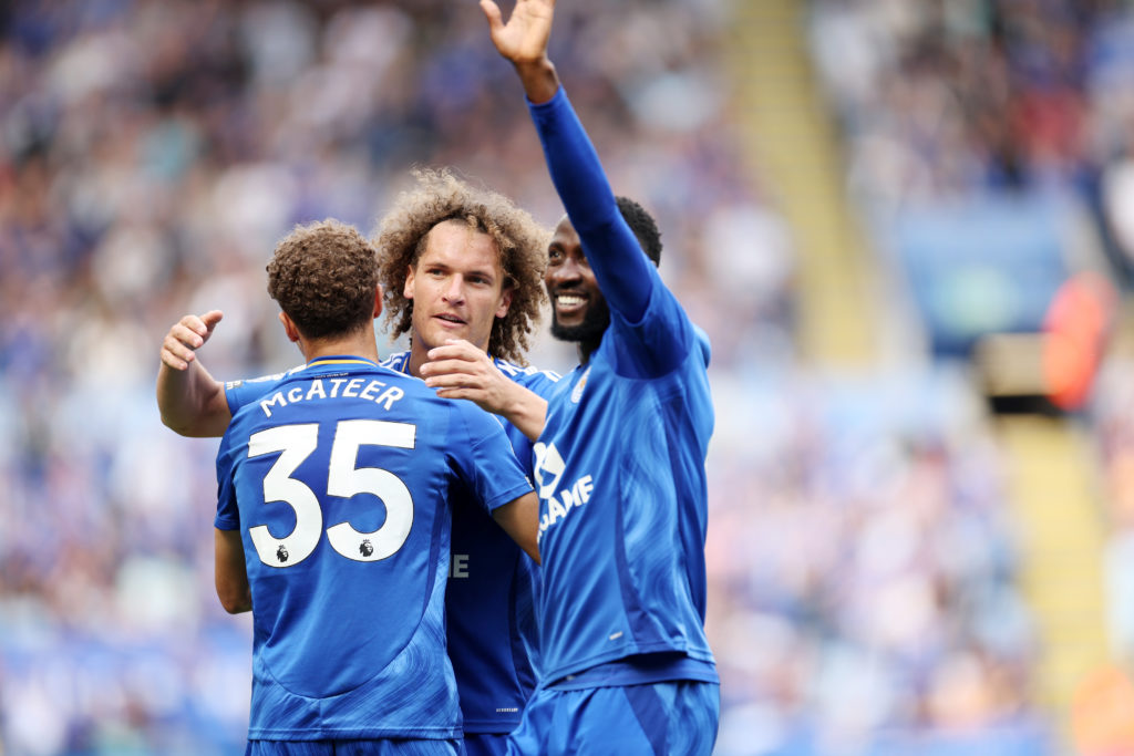 Kasey McAteer of Leicester City celebrates with Wout Faes of Leicester City and Wilfred Ndidi of Leicester City