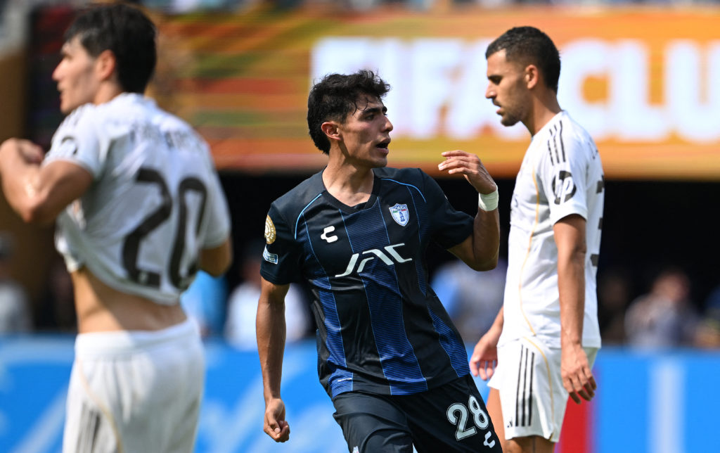 Elias Montiel of Pachuca celebrates after scoring against Real Madrid.