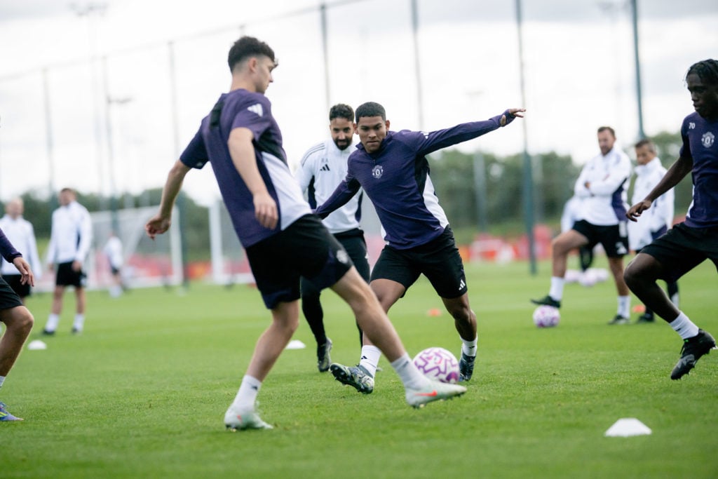 Manchester United player Diego Leon in action during a first-team training session at the Carrington training complex in 2025 in Manchester.