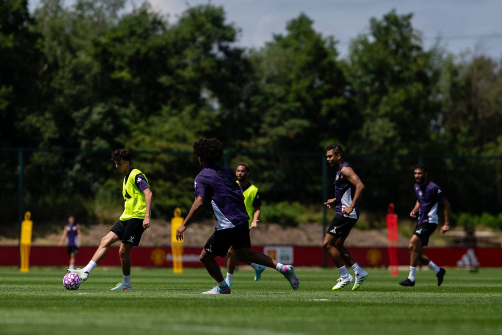 Tyler Fredricson of Manchester United in action during a first team training session at Carrington Training Ground on July 10, 2025