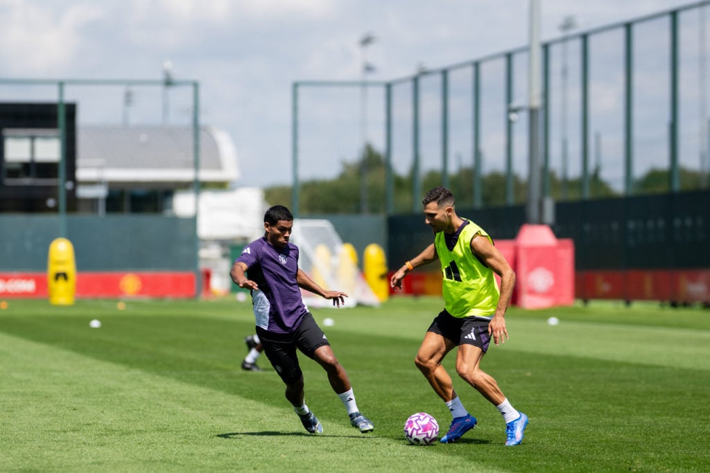 Diego Leon Diogo Dalot of Manchester United in action during a first team training session at Carrington Training Ground on July 10, 2025