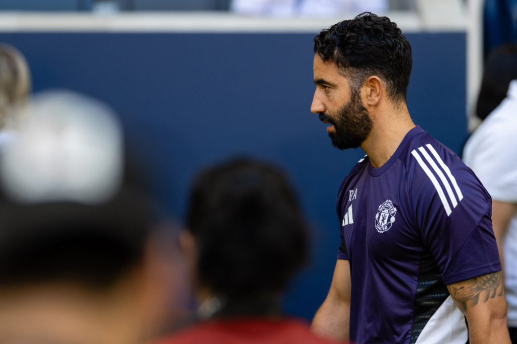 Manchester United manager Ruben Amorim walks out ahead of the pre-season friendly match between Manchester United and Leeds United at the Strawberry in 2025 in Solna, Sweden.