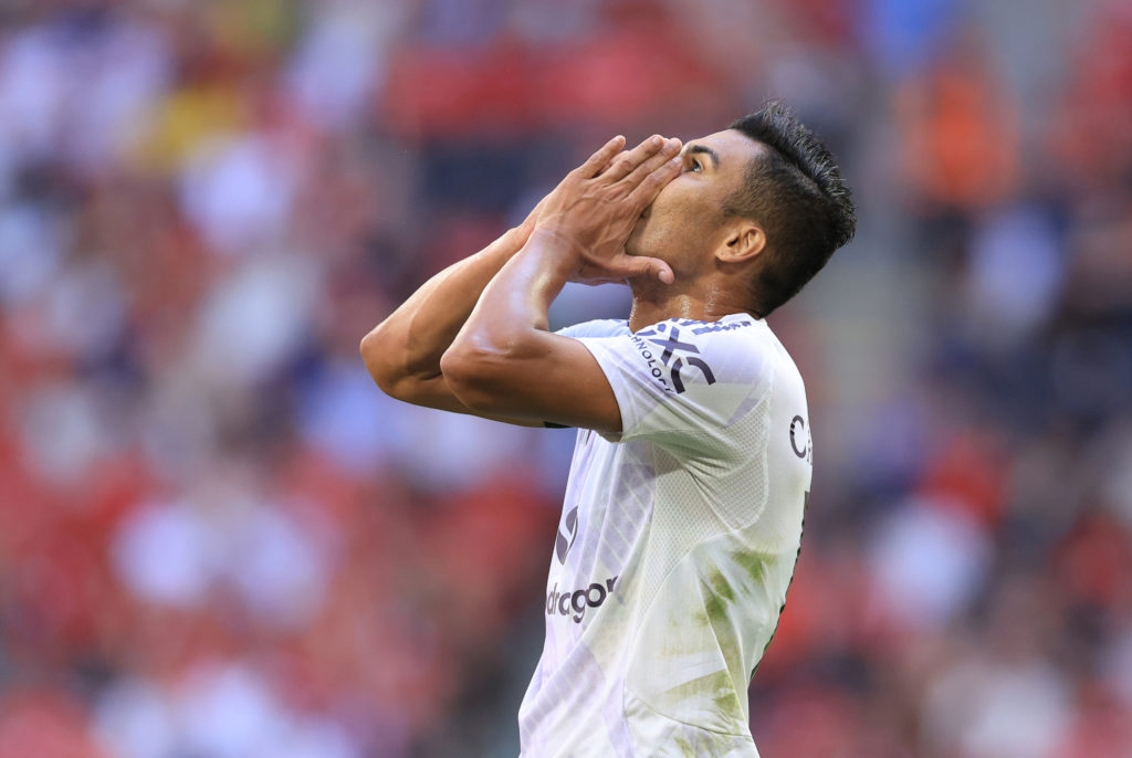 Casemiro holds head after a way-ward shot for Manchester United.