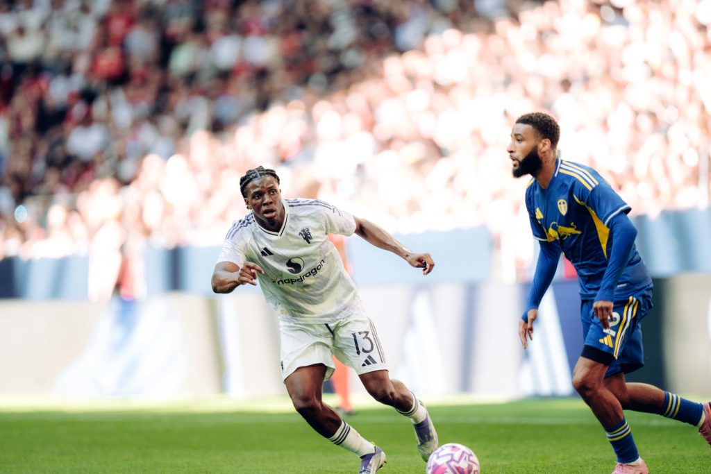 Manchester United defender Patrick Dorgu in action during the pre-season friendly match between the Red Devils and Leeds United at the Strawberry Arena in 2025 in Solna, Sweden.