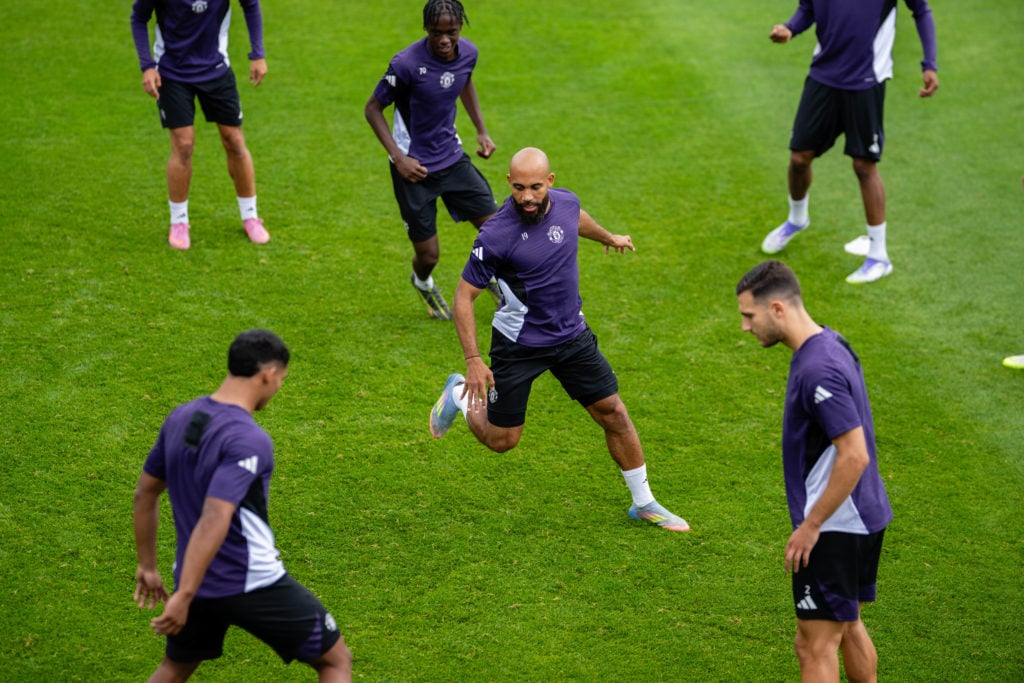 Bryan Mbeumo with teammates during Manchester United training session.