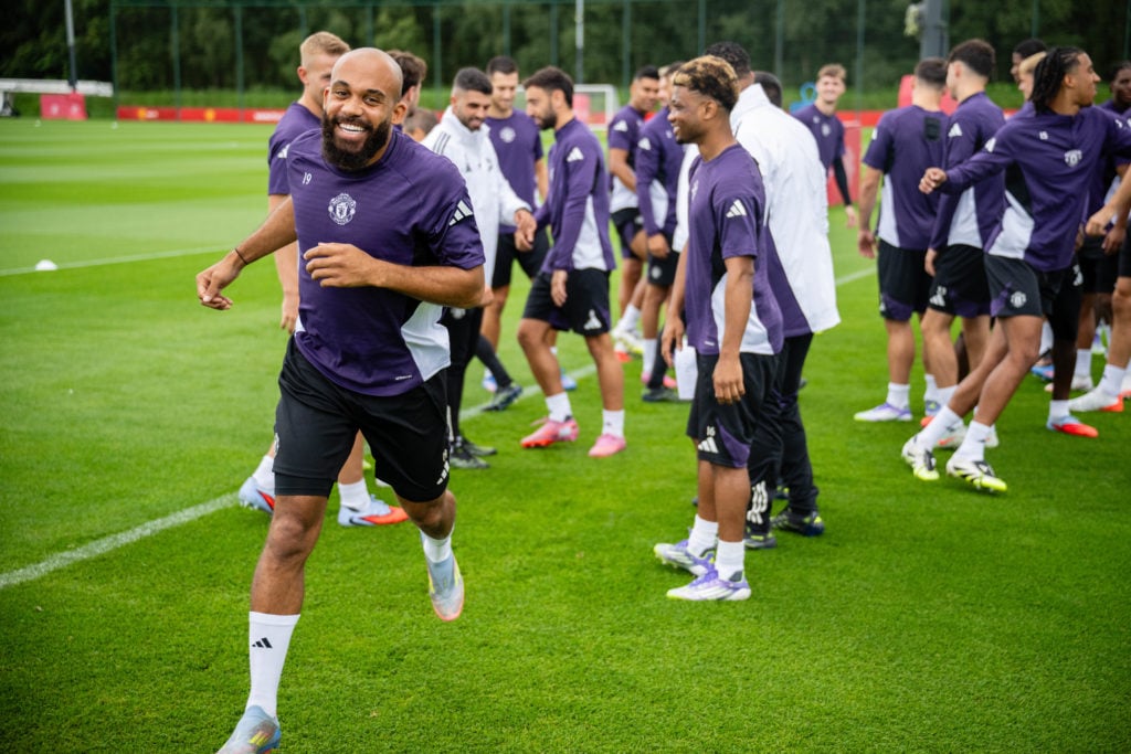 Former Brentford player Bryan Mbeumo is welcomed during a first-team Manchester United training session at the Carrington training complex in 2025 in Manchester.