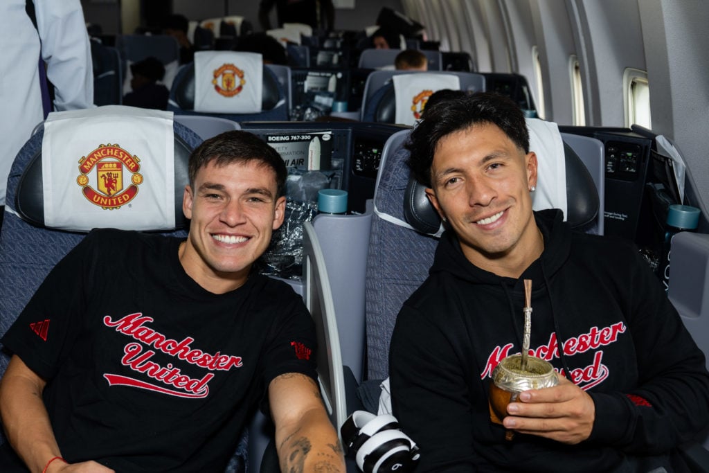 Manuel Ugarte and Lisandro Martinez together on plane for Manchester United tour.
