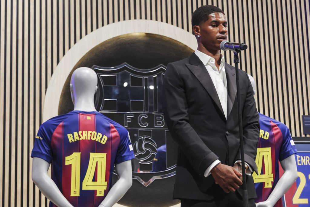 Manchester United loanee Marcus Rashford revealed as a Barcelona player after his transfer to the Camp Nou in 2025.
