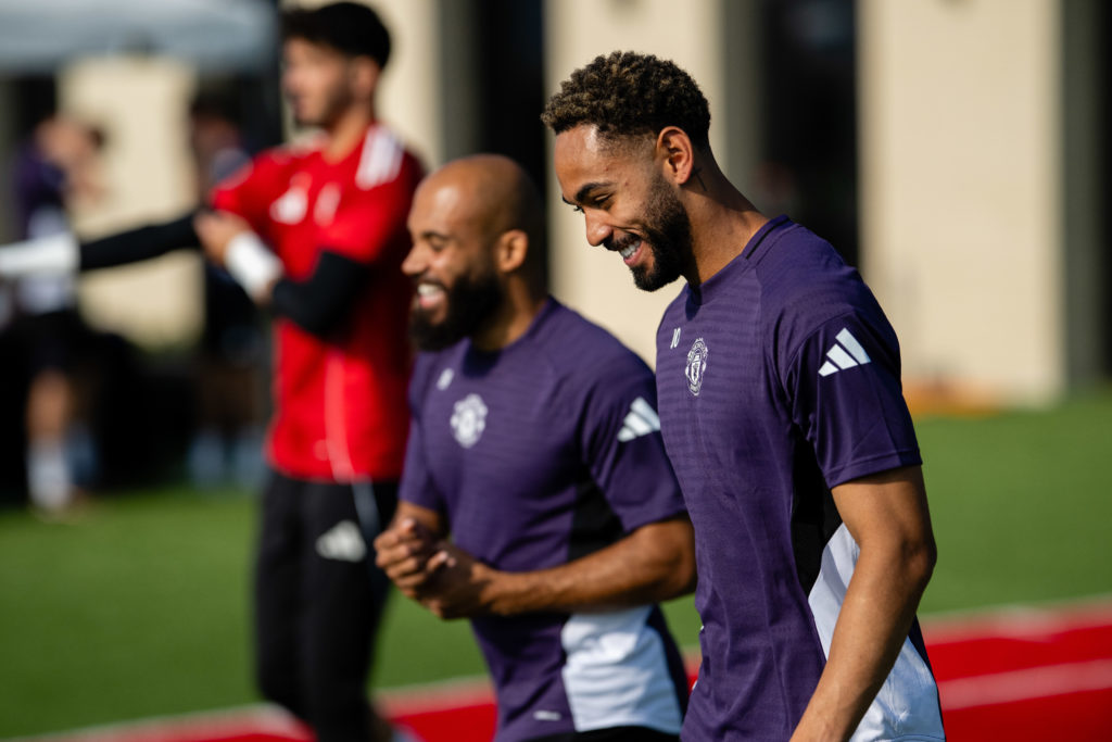 Bryan Mbeumo and Matheus Cunha in action during a first-team Manchester United training session as part of their pre-season tour of the USA at the Endeavor Health Performance Centre in 2025 in Chicago, Illinois.