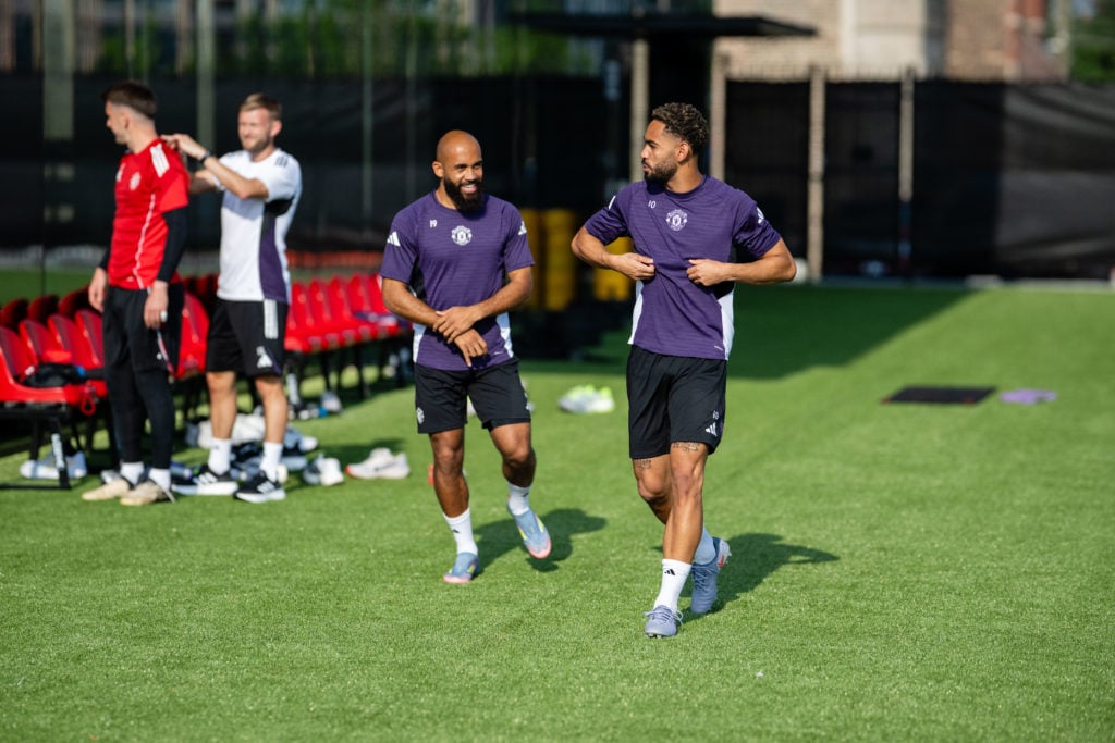 Bryan Mbeumo, Matheus Cunha of Manchester United in action during a first team training session.
