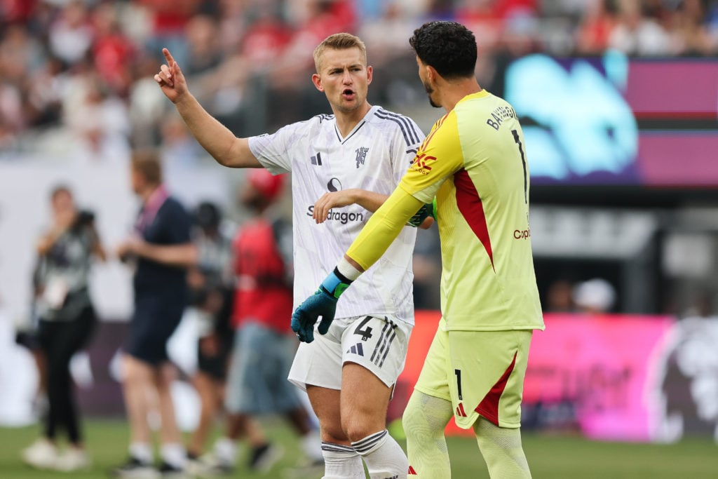 Manchester United defender Matthijs de Ligt and Manchester United shot-stopper Altay Bayindir before a match between Manchester United and West Ham United in 2025 at the MetLife Stadium in East Rutherford, New Jersey.