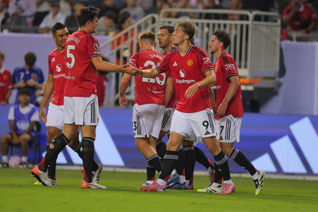 Rasmus Hojlund celebrates after scoring during the first half of the Premier League Summer Series match against Bournemouth in 2025 at the Soldier Field in Chicago, Illinois.