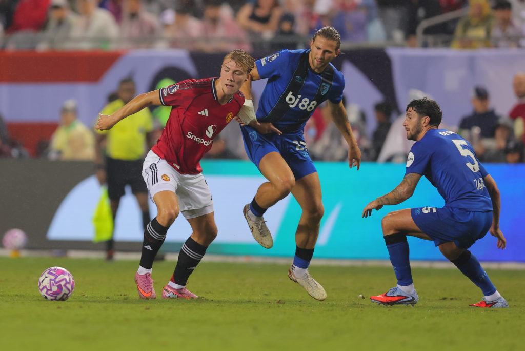 Illya Zabarnyi #27 of Bournemouth and Rasmus Højlund #9 of Manchester United battle for position during the Premier League Summer Series on July 30, 2025