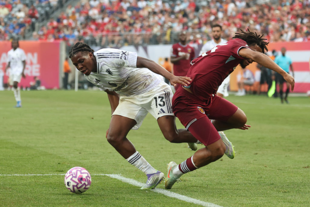Patrick Dorgu of Manchester United and Jean-Clair Todibo of West Ham United battle for the ball during the Premier League Summer Series match between Manchester United and West Ham United FC at MetLife Stadium on July 26, 2025
