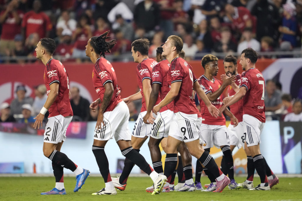 Rasmus Hojlund of Manchester United celebrates after scoring the team's first goal during the Premier League Summer Series match between Manchester United and AFC Bournemouth at Soldier Field on July 30, 2025