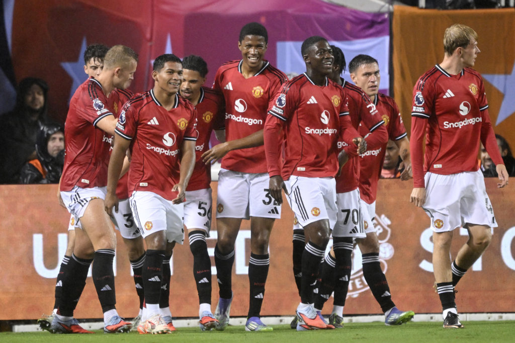 Ethan Williams of Manchester United celebrates after scoring the team's fourth goal with teammates during the Premier League Summer Series match between Manchester United and AFC Bournemouth at Soldier Field on July 30, 2025