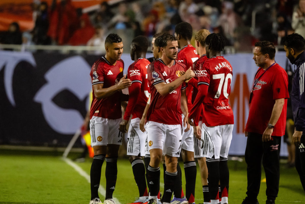 Casemiro and Mason Mount come off as substitutes during the Premier League Summer Series match between Manchester United and Bournemouth at Soldier Field in 2025 in Chicago, Illinois.