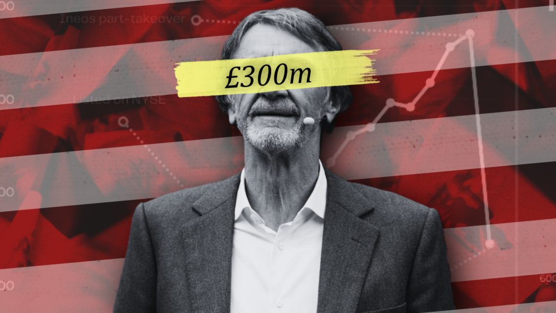Illustration image of Manchester United co-owner Sir Jim Ratcliffe with '£300m' wordage