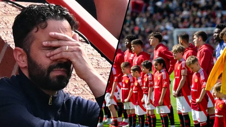Ruben Amorim during a Premier League match, inset a photo of the Manchester United players lining up.