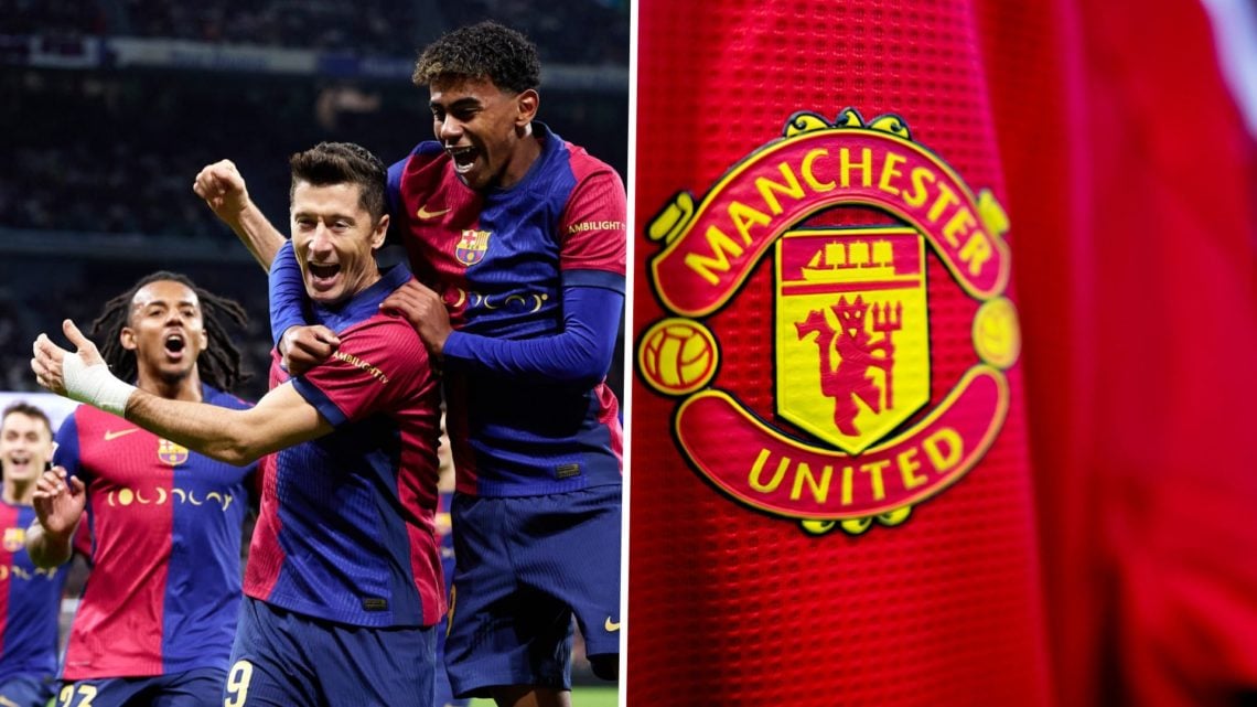 Split image of FC Barcelona forward Lamine Yamal and a home Manchester United kit.