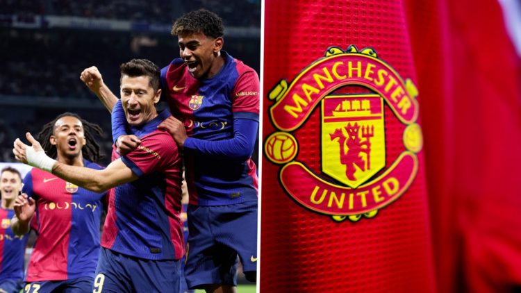 Split image of FC Barcelona forward Lamine Yamal and a home Manchester United kit.
