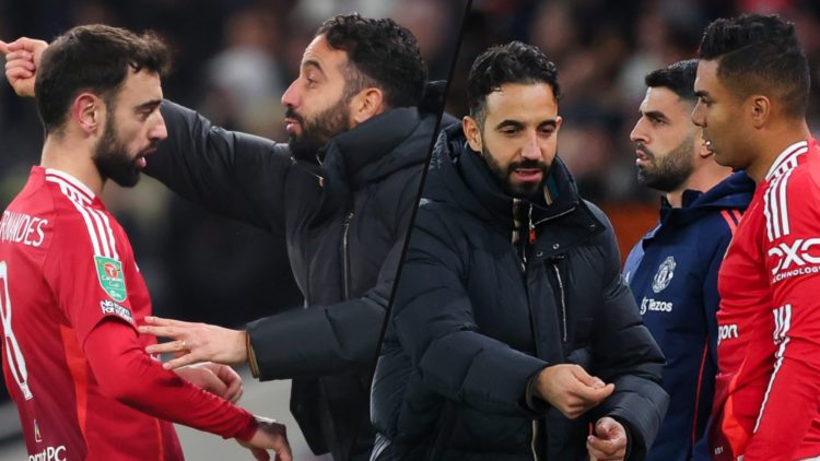 Manchester United manager Ruben Amorim with Bruno Fernandes, inset a photo of Ruben Amorim with Casemiro.