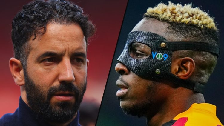 Manchester United target and Napoli striker Victor Osimhen playing for Galatasaray, inset a photo of Manchester United manager Ruben Amorim.