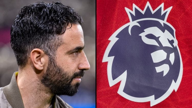 Manchester United manager Ruben Amorim looks on during a Europa League, inset a photo of the Premier League badge.